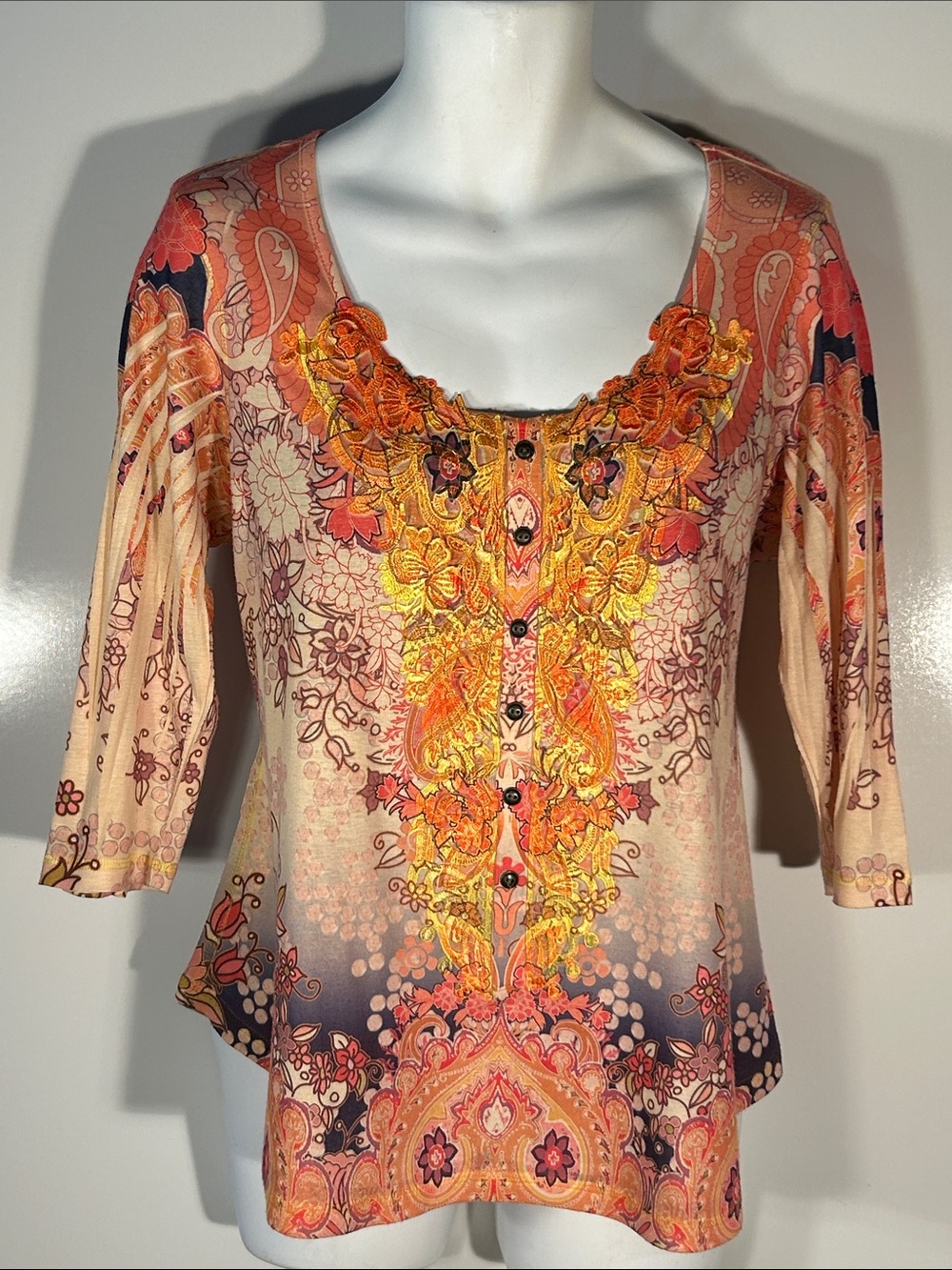 One World SZ 1X Orange Print Embroidered Scoop Neck T-shirt Boho Festival Y2K